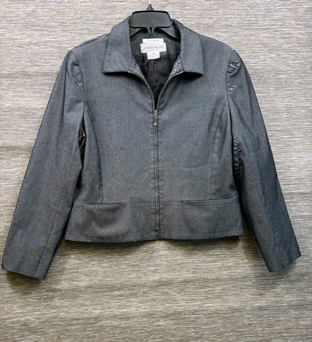 Jones Wear Moto Jacket Womens Size 14 Gray Full Zip Long Sleeve Cropped Stretch